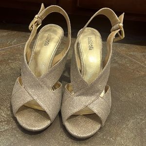Michael Kors light Gold Fabric heels, 8.5 M, 3.5” heel.